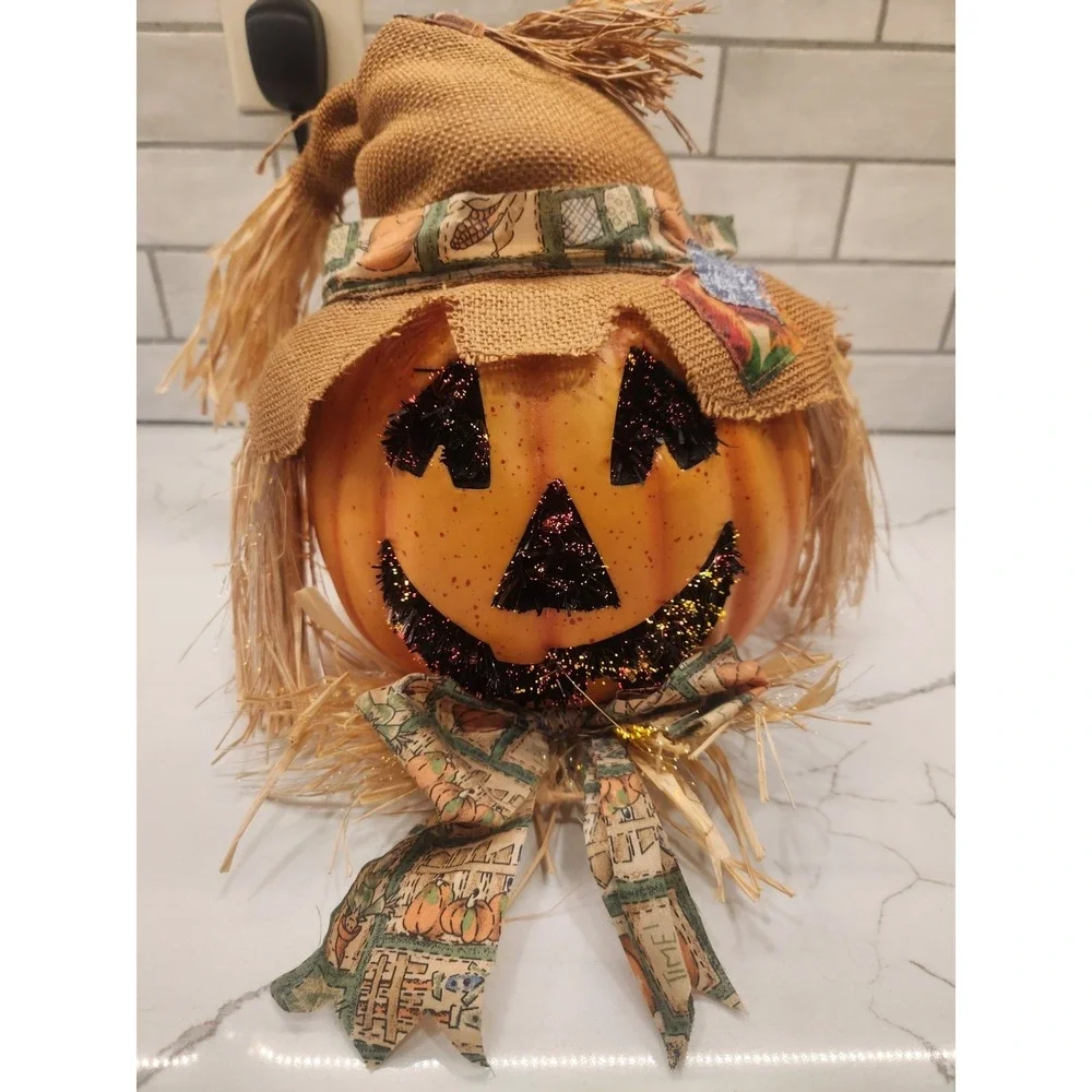 Vtg. Halloween Scarecrow Fall Pumpkin Fiber Optic Color Changing Jack O Lantern